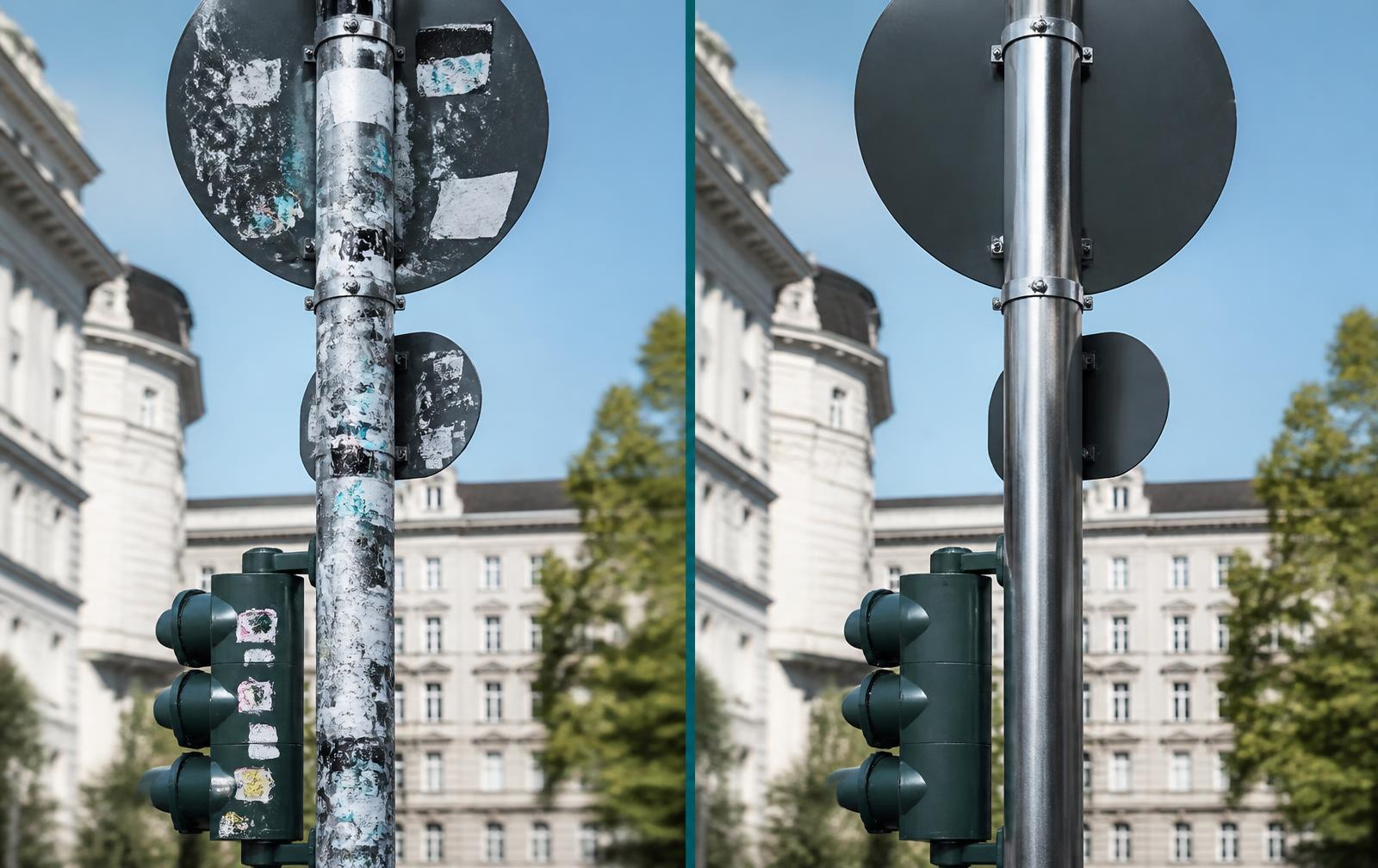 Vergleich eines mit Stickern beklebten Laternenpfahls und derselben Stelle nach professioneller Reinigung